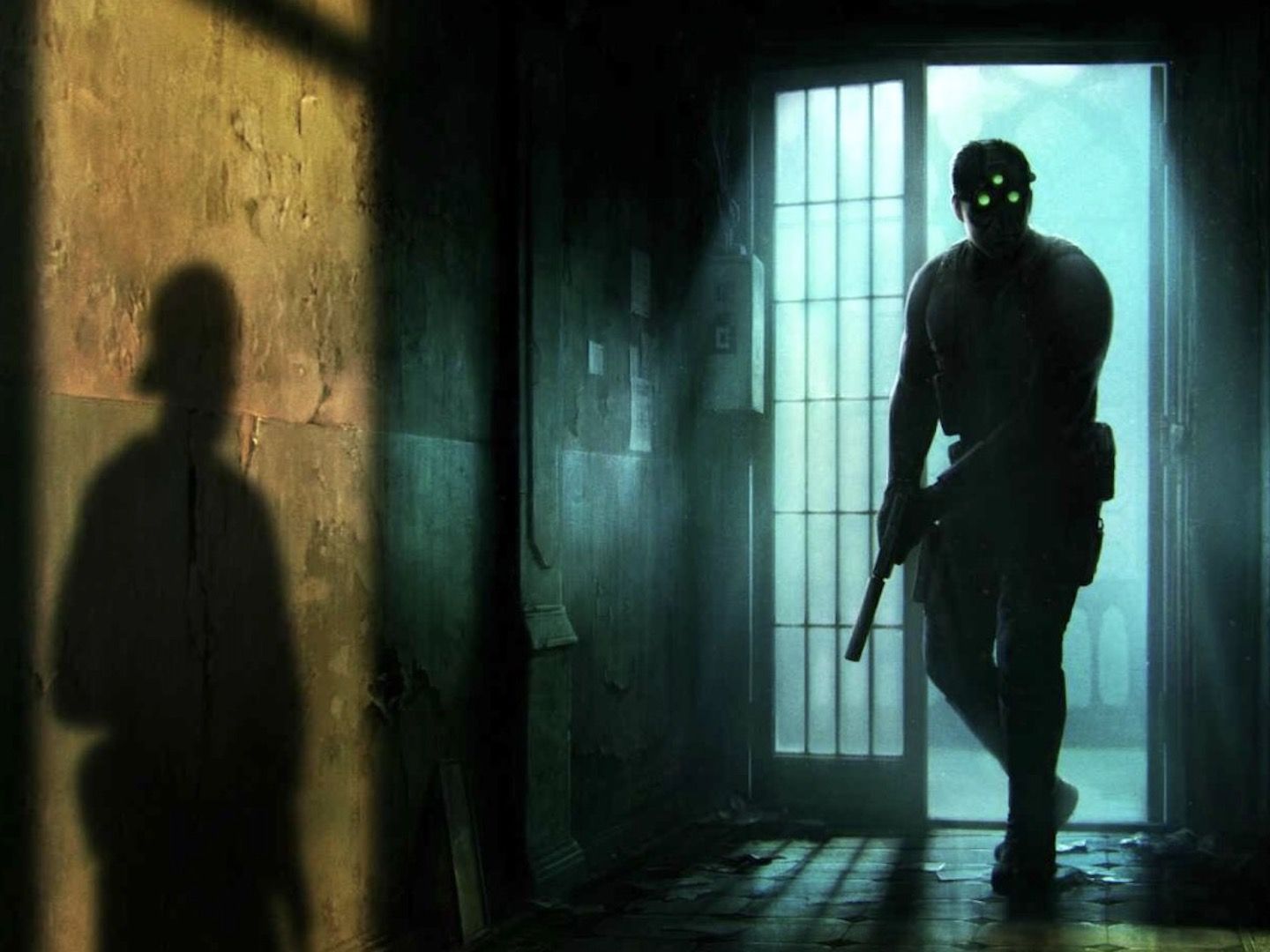 Splinter Cell Remake The iconic three green lights of Sam Fisher's goggles glow in a dark, high-detail shadows of Splinter Cell Remake.